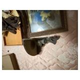 Vintage wood box with hankies, painting, gloves & shelf - NBD