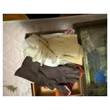 Vintage wood box with hankies, painting, gloves & shelf - NBD