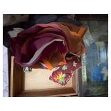 Vintage wood box with hankies, painting, gloves & shelf - NBD