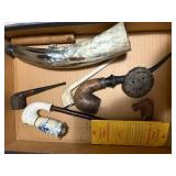 Vintage - pipes, horn & records in case -- NBD