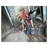 SMALL RED HAND PUMP/ HAYFORK/OLD SNOW SHOVEL/WEED EATER/FISHING POLES...............BY