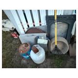 CONCRETE WATER BOWL/PROPANE TANK/RAKE/SHOVEL/ MISC................................BY