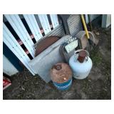 CONCRETE WATER BOWL/PROPANE TANK/RAKE/SHOVEL/ MISC................................BY