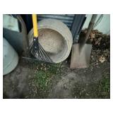 CONCRETE WATER BOWL/PROPANE TANK/RAKE/SHOVEL/ MISC................................BY