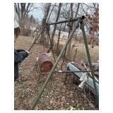 Swing set frame, barrel & stand, chair -- BY