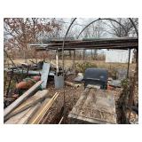 Garden trellis, table, BBQ grill, tires, misc. wheels & chains, log chains -- BY