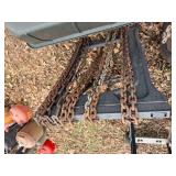 Garden trellis, table, BBQ grill, tires, misc. wheels & chains, log chains -- BY