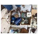 2 boxes of metal camping dishes, kerosene light -- BY