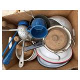 2 boxes of metal camping dishes, kerosene light -- BY