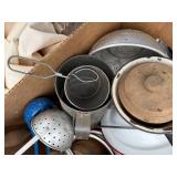 2 boxes of metal camping dishes, kerosene light -- BY