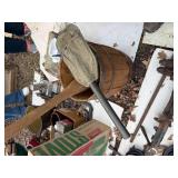 Military shovel, oar and wood keg -- BY
