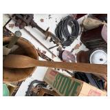 Military shovel, oar and wood keg -- BY