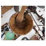 Military shovel, oar and wood keg -- BY