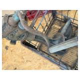 Metal milk basket, 2 flat irons - 1 stand, metal forming tool -- BY