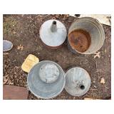 2 galvanized buckets, 2 galvanized funnels -- BY