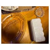 Candy dish - pink & yellow depression glass), misc. -- DR