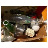 MISC BOTTLES, VASES, SPRINKLE BOTTLE, MISC GLASSWARE .......DR
