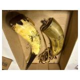 TWO (2) POWDER HORNS (ORE HAS PERCUSSION CASE) BOTH ARE CARVED