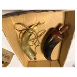 TWO (2)  CURVED POWDER HORNS WITH CARVED ORE