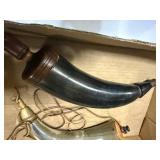TWO (2)  CURVED POWDER HORNS WITH CARVED ORE