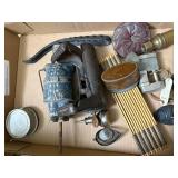 Flat of misc. vintage items (folding ruler, locks, oil can, coin purse) -- BP