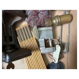 Flat of misc. vintage items (folding ruler, locks, oil can, coin purse) -- BP