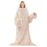 Wearable Electric Blanket with Foot Pocket and Sleeves, Heating Throw Blanket, 6 Heating Levels & Auto Shut Off, Machine Washable (Long, Beige)