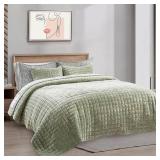 RECYCO Luxury Velvet Quilt Set King Size Bedding Sets, Ultra Soft Velvet Comforter Set, Lightweight Channel Box Stitch Oversized Bedspread Coverlet for All Season, with 2 Shams, Sage Green