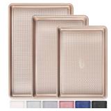 HONGBAKE Baking Sheet Pan Set of 3, Cookie Sheets for Oven, Nonstick Half/Quarter/Jelly Roll Pans with Diamond Texture Pattern, 0.8mm Thick Heavy Duty Cookie Tray, Champagne Gold