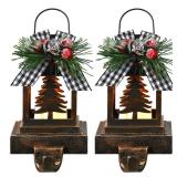 Therwen 2 Pcs Christmas Stocking Holders Lantern Christmas Stocking Hangers for Mantel Xmas Hooks Decorative Retro Light up Holders for Home Indoor Outdoor Decor(Xmas Tree,Bronze)