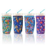 4 Pack Iced Coffee Sleeve,reusable Neoprene Cup Sleeves Suitable For Beverage Sleeves For Hot And Cold Coffee Or Ice Drink Coffee cup sleeve for Starbucks coffee cup (flowers 30-32 OZ)