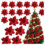 Suncalla 18 Pcs 12\" 9.8\" Large Poinsettia Flowers Artificial for Christmas Tree Glitter Poinsettias Picks with Stem Xmas Faux Silk Floral Ornaments for Santa Garland Home Decoration Party(Red)