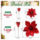 Suncalla 18 Pcs 12\" 9.8\" Large Poinsettia Flowers Artificial for Christmas Tree Glitter Poinsettias Picks with Stem Xmas Faux Silk Floral Ornaments for Santa Garland Home Decoration Party(Red)