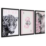 Pink Cheetah Wall Art Set of 3, Y2K Trendy Leopard Canvas Wall Decor Paintings, Preppy Black and White Cheetah Disco Posters Prints Pictures for Girly Room Bedroom Dorm 12x16 Inch Wood Framed