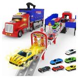 Carrier Truck Race Track Toys, Truck Toys for 3, 4, 5, 6, 7, 8 Years Old Kids, Foldable Transport Truck Toys Car with Lights & Sounds, 6 Metal Cars, Birthday Gifts for Toddler Boys Girls