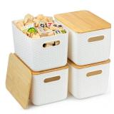 Ohmlove 4 Packs Storage Bins with Bamboo Lids - Plastic Storage Containers with Lids Stackable Storage Boxï¼Storages Baskets for Organizing Desktop Closet Playroom Classroom Office,White