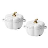 Pumpkin Bowl Set with Lid and Handle, Set of 2 Ceramic Ramekins for Baking, Casserole Dish Individual Severing Pot, Stoneware, Oven Safe, 14 Oz (White)