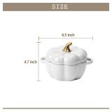 Pumpkin Bowl Set with Lid and Handle, Set of 2 Ceramic Ramekins for Baking, Casserole Dish Individual Severing Pot, Stoneware, Oven Safe, 14 Oz (White)