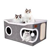 Extra Large Cat Beds for Indoor Cats, Covered Cat Cave Beds & Furniture with Scratch Pad and Fluffy Ball, Foldable Cat Condo Hideaway with Reversible Cushion for Multi Small Pet Large Kittens, Grey