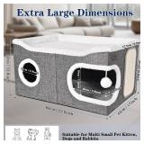 Extra Large Cat Beds for Indoor Cats, Covered Cat Cave Beds & Furniture with Scratch Pad and Fluffy Ball, Foldable Cat Condo Hideaway with Reversible Cushion for Multi Small Pet Large Kittens, Grey