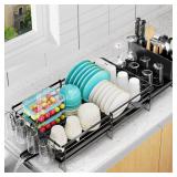 Pantasia Large Dish Drying Rack, Expandable Dish Rack for Kitchen Counter, Upgraded Dish Drainer with Drainboard Set, Multifunctional Dishrack with Utensil Holder & Cup Holder, 13.4\"-28.7\" L x 11.8\