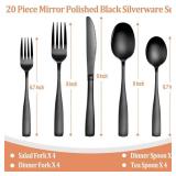 20 Pcs Black Silverware Set, Food-Grade Stainless Steel Flatware Set for 4, Square Cutlery Set, Mirror Polished Tableware Eating Utensils Set for Kitchen, Include Knife Fork Spoon Set,Dishwasher Safe