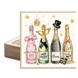 Tenceur 50 Pcs New Year Eve Cocktail Napkins 5 x 5 Wine Bottles Disposable Holiday Paper Guest Napkins for Happy New Year Holiday Party Supplies Kitchen Table Decorations