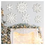 Wooden Large Snowflake Ornaments Sign Christmas Decorations 6 Pack, Wood Hollow White Snowflakes Crafts Winter Hanging Plaques Decorations 6 Size of Cutouts New Year Wall Bedroom Living Room Decor