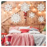Wooden Large Snowflake Ornaments Sign Christmas Decorations 6 Pack, Wood Hollow White Snowflakes Crafts Winter Hanging Plaques Decorations 6 Size of Cutouts New Year Wall Bedroom Living Room Decor