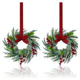 2Pcs Christmas Wreath, 10 Inch Mini Wreaths for Kitchen Cabinets, Christmas Door Wreath, Small Christmas Wreath for Fireplace Window Farmhouse Indoor Home Decorations