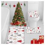 ArtSocket Bathroom Rugs and Mats Set 3 Piece, Christmas Trees Red Doodle Holly Absorbent Microfiber Memory Foam Bath Mat Machine Washable Bathroom Floor Mats