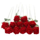 Cloudecor 12Pcs Red Roses Artificial Flowers Fake Roses Faux Velvet Silk Flower for Home Wedding Decoration (Pearl Rose, Red)