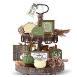 Reallnaive 18 Pcs Fall Thanksgiving Tiered Tray Decor Set Pumpkin Buffalo Plaid Wood Sign Hello Fall Rustic Farmhouse Neutral Tray Decoration Tabletop Sign for Autumn Home Kitchen Festival(Sage Green)