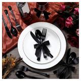 Minatee 25 Sets Black Plastic Cutlery Set with Twist Tie Bows, Heavy Duty Tableware Disposable Forks Knives Spoons Silverware Utensils Set for Coquette Birthday Bow Party Table Setting Picnics